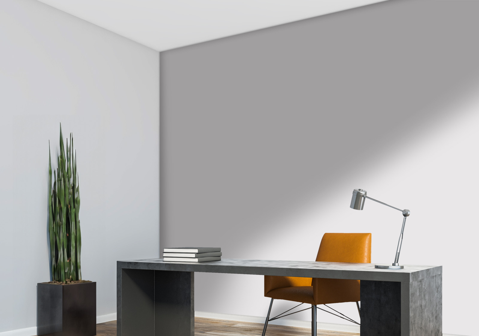 Milieubild mit Arbeitszimmer mit dunklem Schreibtisch, orangefarbenem Stuhl, Stehlampe,  Zimmerpflanze im Topf  und einer Wandverkleidung mit folgendem Motiv: Einfarbig graues Bild, keine sichtbaren Details oder Muster.