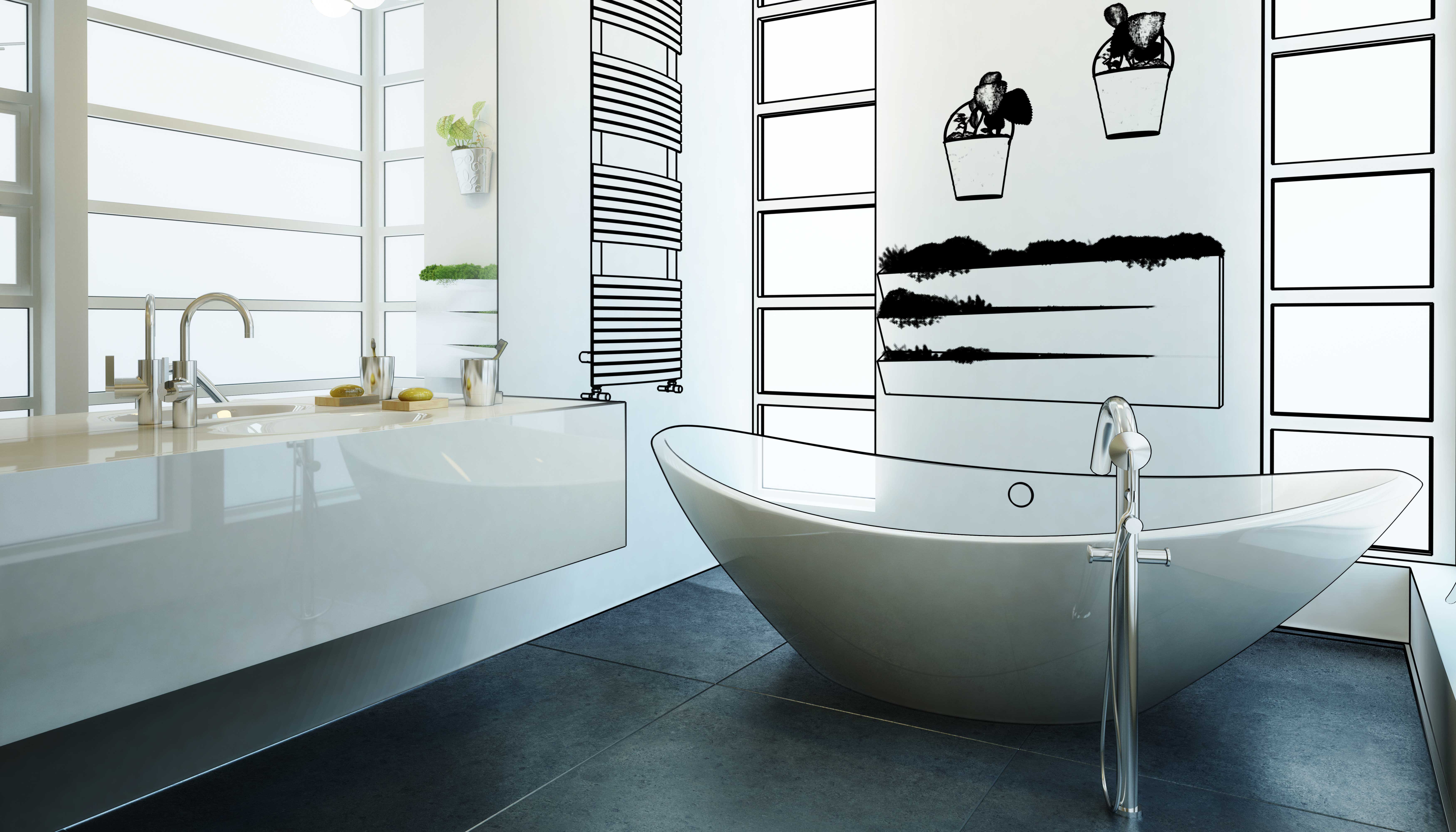 Modernes Badezimmer mit freistehender Badewanne, weißen Armaturen, grauen Fliesen und Wandkunst mit Pflanzenmotiven.