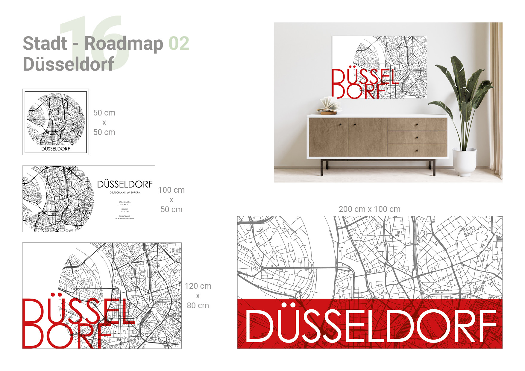 Übersicht, die 4 verschiedene Formate und das Milieubild für folgendes Motiv zeigt: Schwarz-weiße Stadtkarte von Düsseldorf mit rotem Balken und dem Wort "DÜSSELDORF" unten.