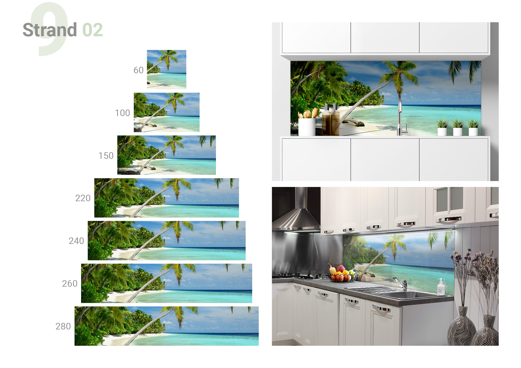Übersicht, die die Formate 60 x 60, 100 x 60, 150 x 60, 220 x 60, 240 x 60, 260 x 60, 280 x 60 cm und die beiden  Milieubilder für folgendes Motiv zeigt: Tropischer Strand mit Palmen, weißem Sand und türkisfarbenem Wasser, sonniger Himmel mit Wolken.