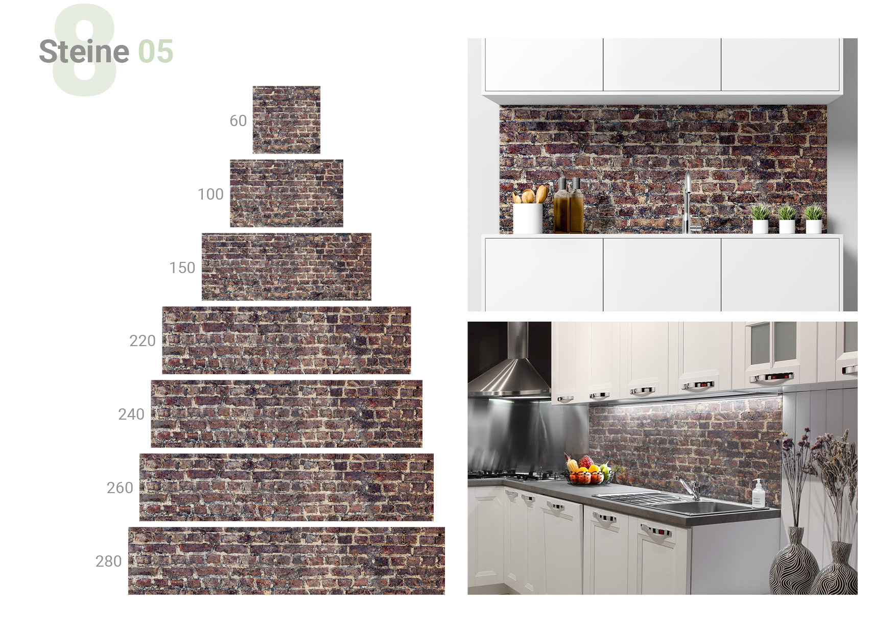 Übersicht, die die Formate 60 x 60, 100 x 60, 150 x 60, 220 x 60, 240 x 60, 260 x 60, 280 x 60 cm und die beiden  Milieubilder für folgendes Motiv zeigt: Dunkelrote Backsteinmauer mit grauen Fugen, unregelmäßige Textur, abgenutzte Oberfläche.