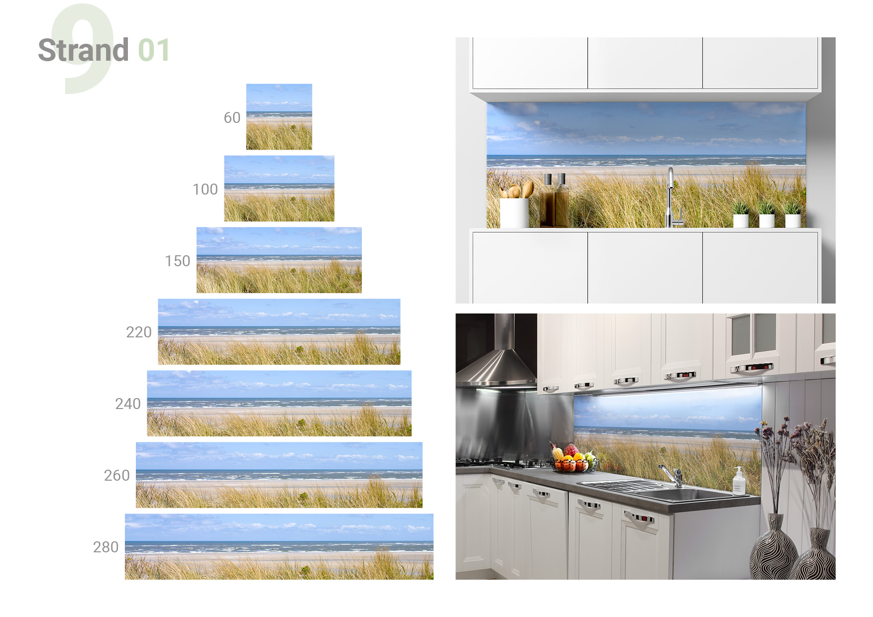 Übersicht, die 8 verschiedene Formate und die beiden  Milieubilder für folgendes Motiv zeigt: Strand mit Dünengras im Vordergrund, Meer und Horizont im Hintergrund, blauer Himmel mit weißen Wolken.