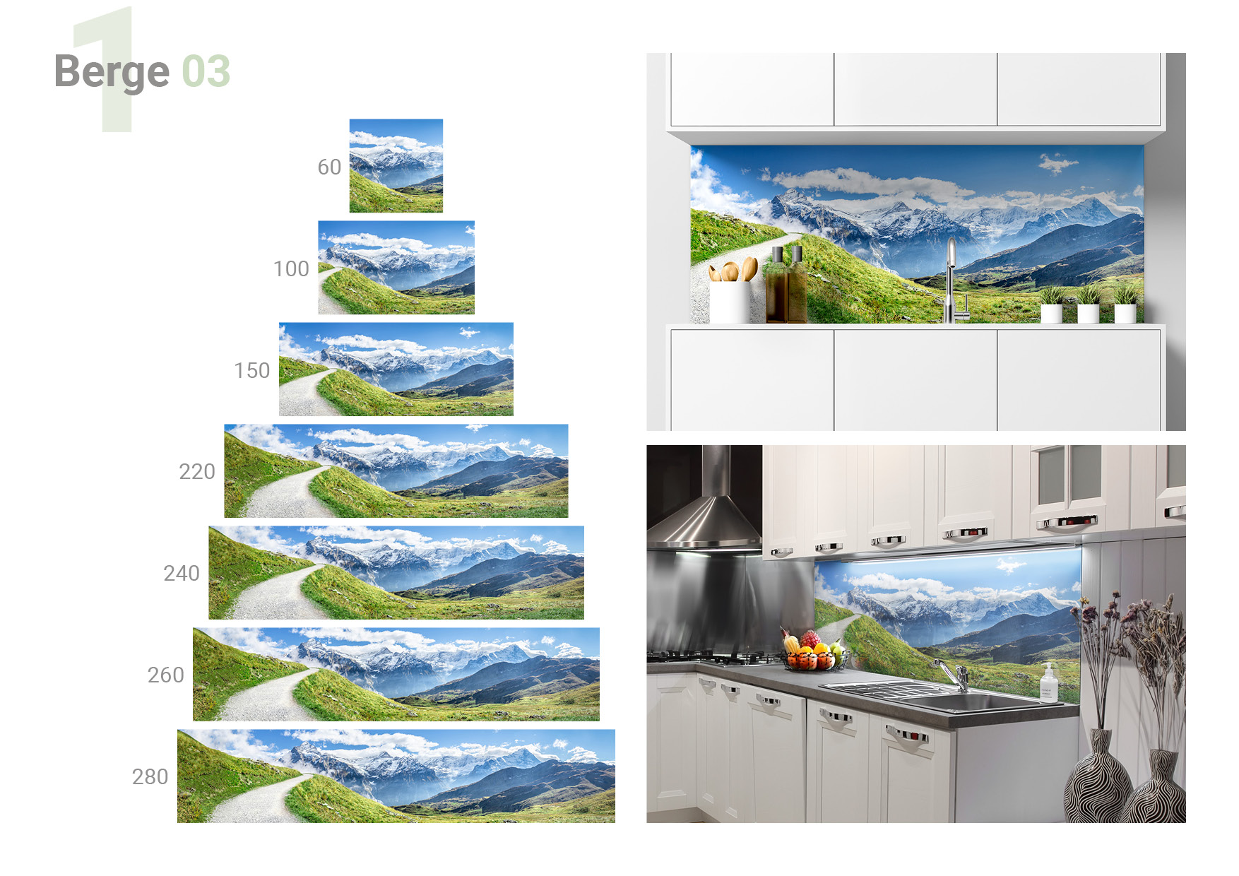 Übersicht, die 8 verschiedene Formate und die beiden  Milieubilder für folgendes Motiv zeigt: Wanderweg durch grüne Wiesen in den Schweizer Alpen, mit Blick auf schneebedeckte Berggipfel und blauen Himmel mit Wolken.