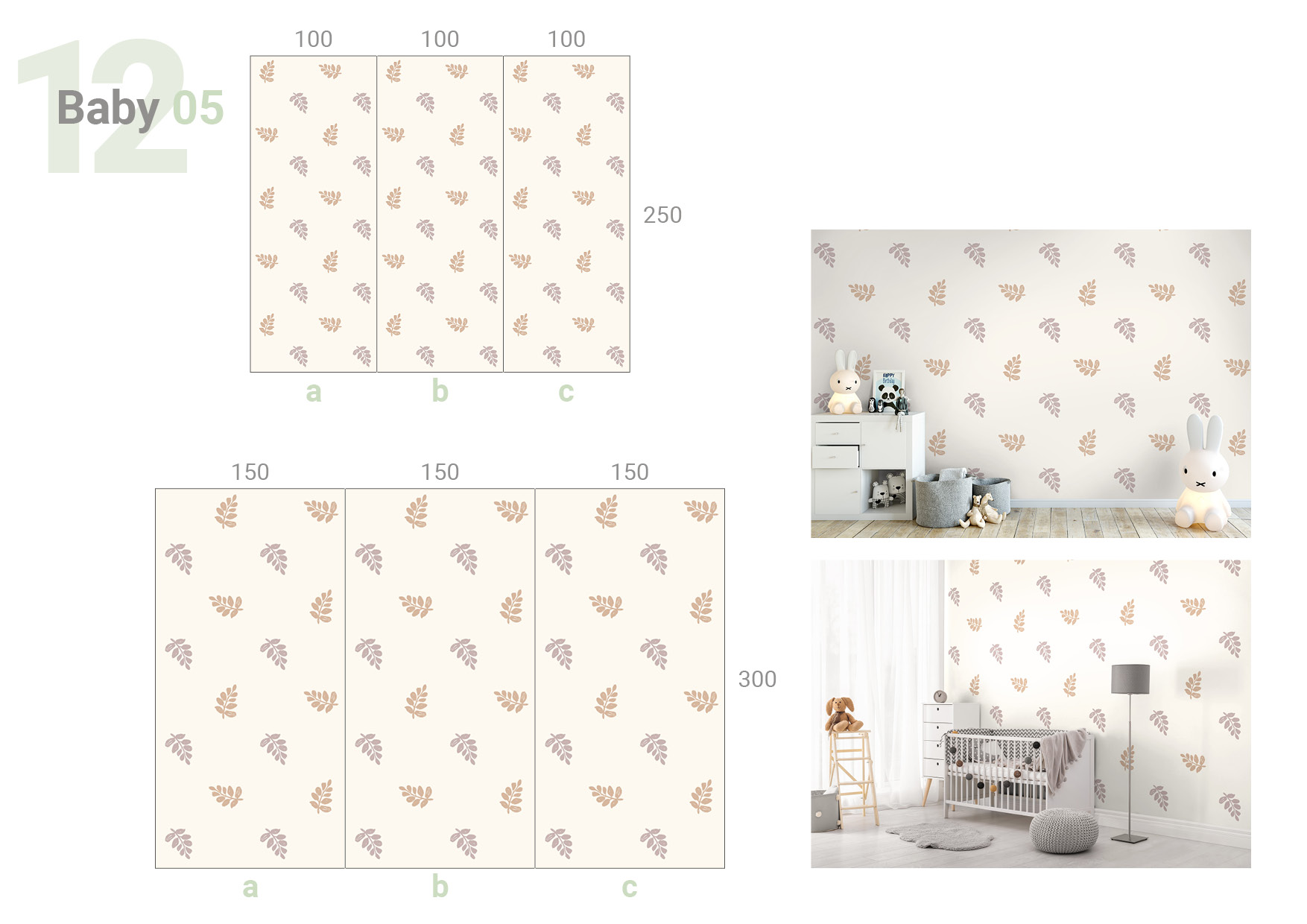 Übersicht, die das 3-teilige Formate 100 und 100 und 100 x 250 cm und das 3-teilige Formate 150 und 150 und 150 x 300 cm und die Milieubilder für folgendes Motiv zeigt: Muster mit stilisierten, hellbraunen Blättern auf einem hellen Hintergrund.