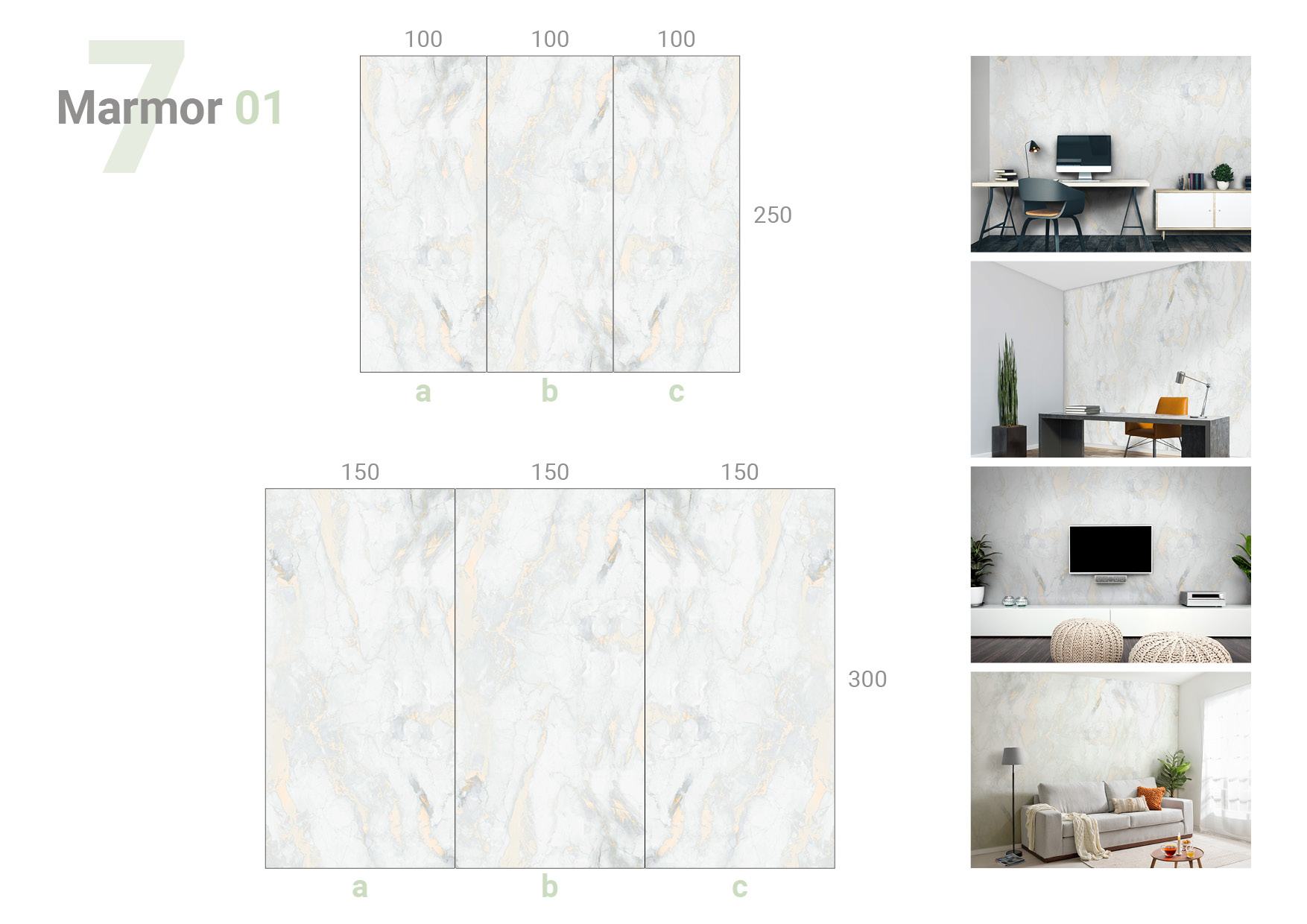 Übersicht, die das 3-teilige Formate 100 und 100 und 100 x 250 cm und das 3-teilige Formate 150 und 150 und 150 x 300 cm und die Milieubilder für folgendes Motiv zeigt: Weißer Marmor mit grauen und goldenen Adern, abstrakte Textur.