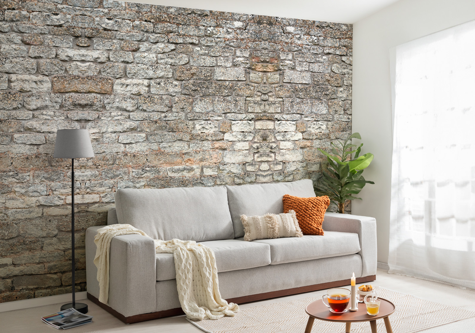 Wandverkleidung für das Wohnzimmer - Steinmauer in Beige Grau