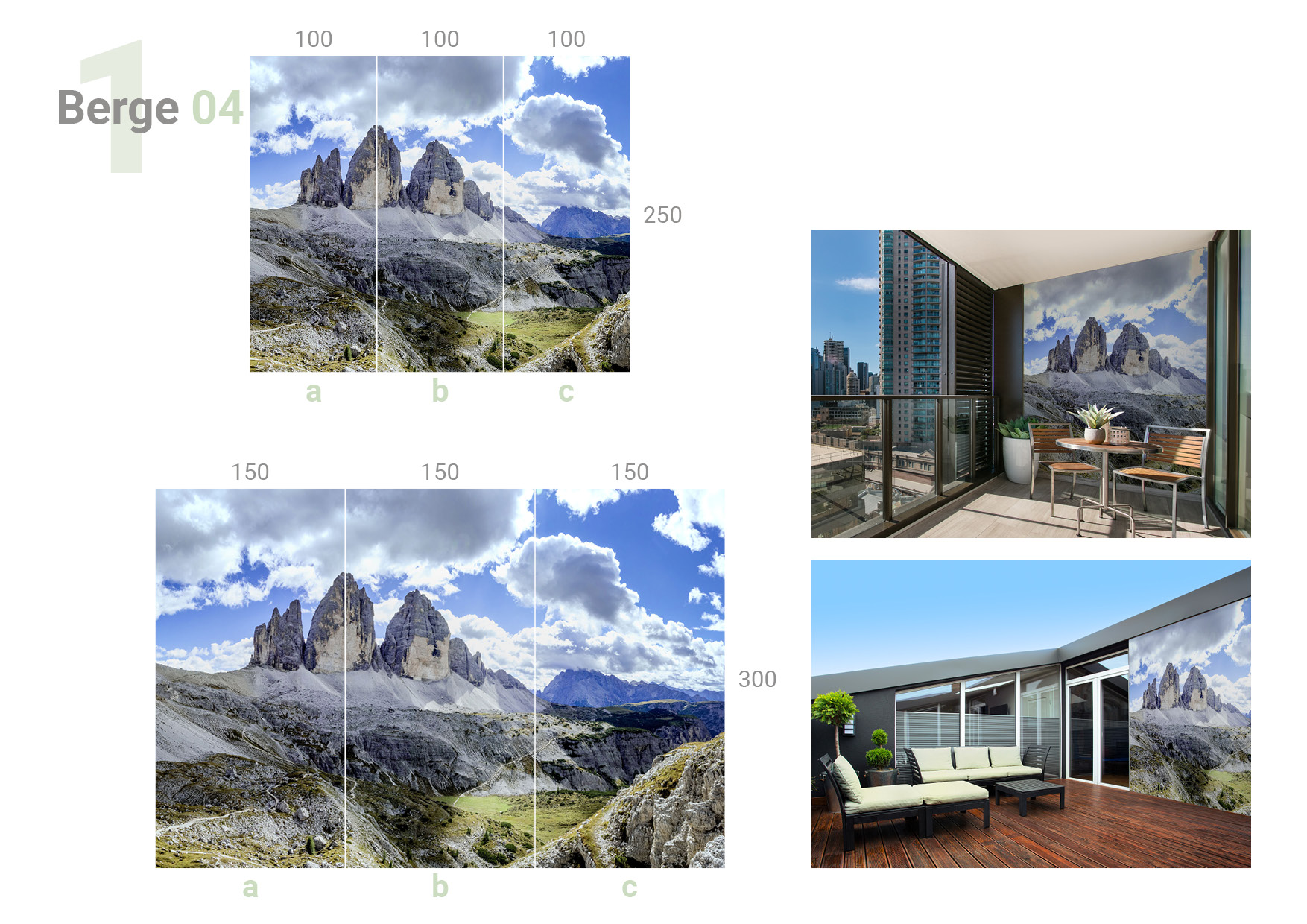 Übersicht, die 2 Formate und Aufteilungen und die Milieubilder für folgendes Motiv zeigt: Panorama der zerklüfteten Gipfel der Dolomiten unter einem Himmel mit flauschigen Wolken, mit einem kleinen See in einem Tal.