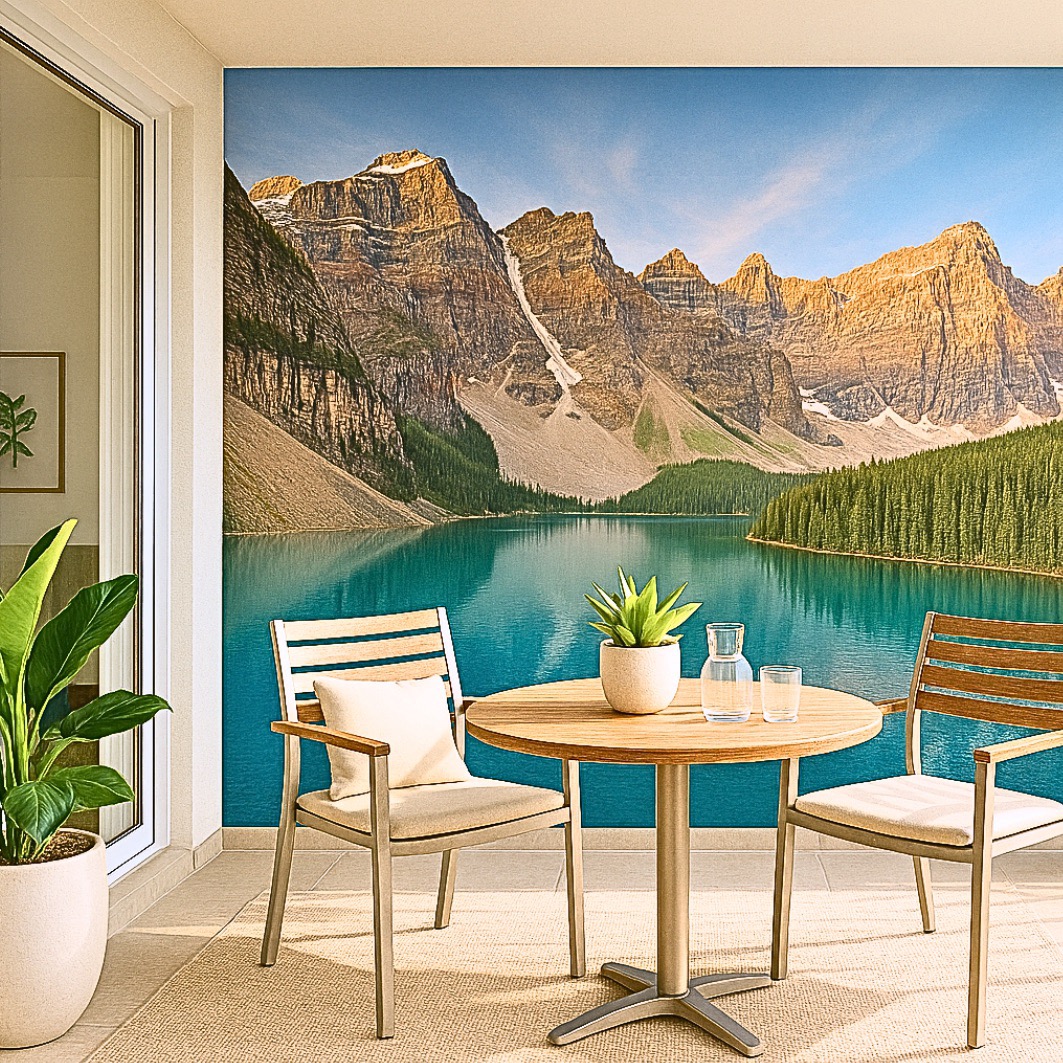 Outdoor konfigurieren! Milieubild mit Balkon mit Tisch und Stühlen, mit  Blick auf die Stad  und einer Wandverkleidung mit folgendem Motiv: Spiegelung der schneebedeckten Berge im türkisfarbenen Wasser des Moraine Lake in Kanada, umgeben von dichten Nadelbäumen.