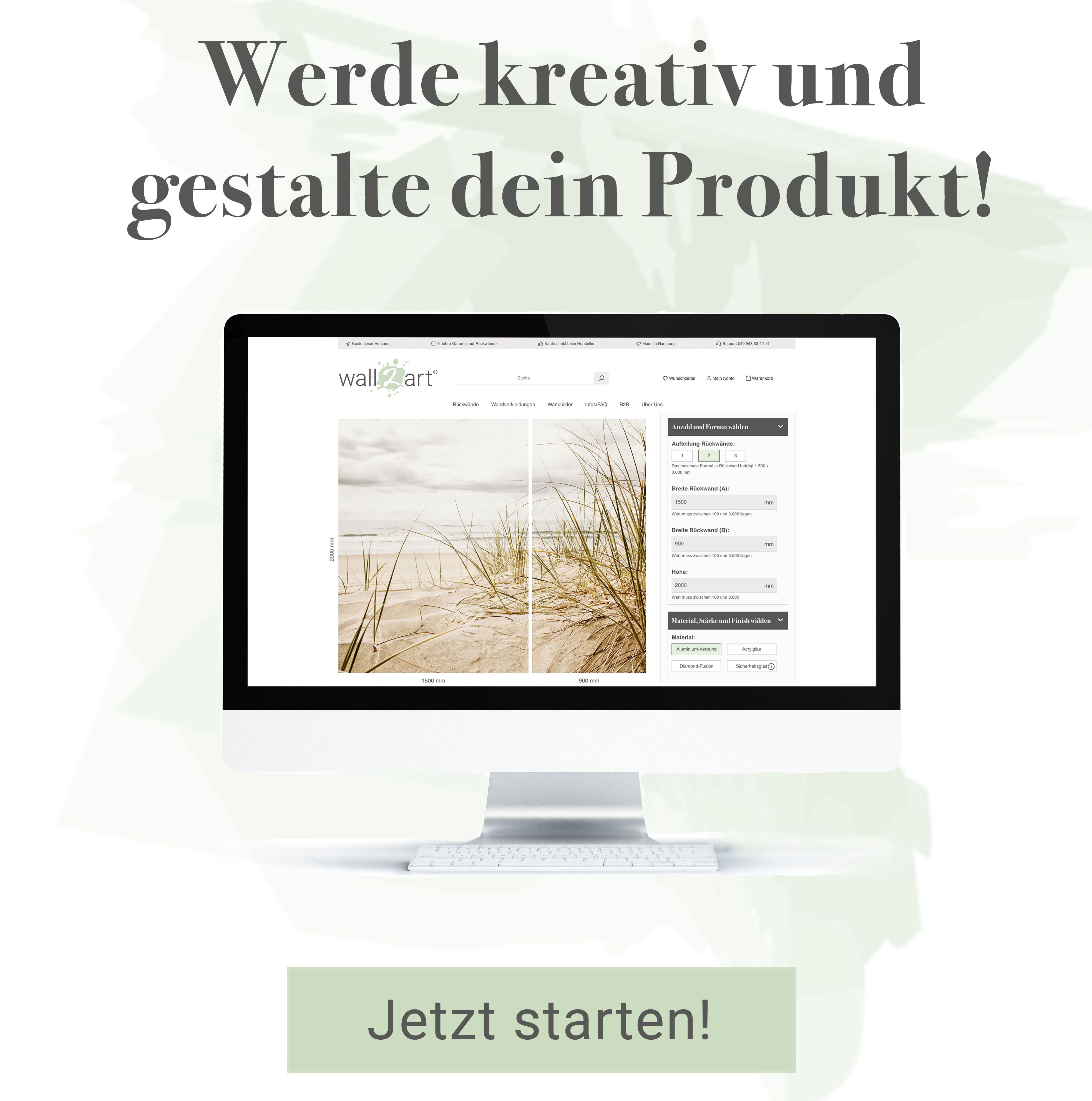 Computer-Monitor mit der Webseite von wall2art. Text: "Werde kreativ und gestalte dein Produkt!" Button "Jetzt starten!".
