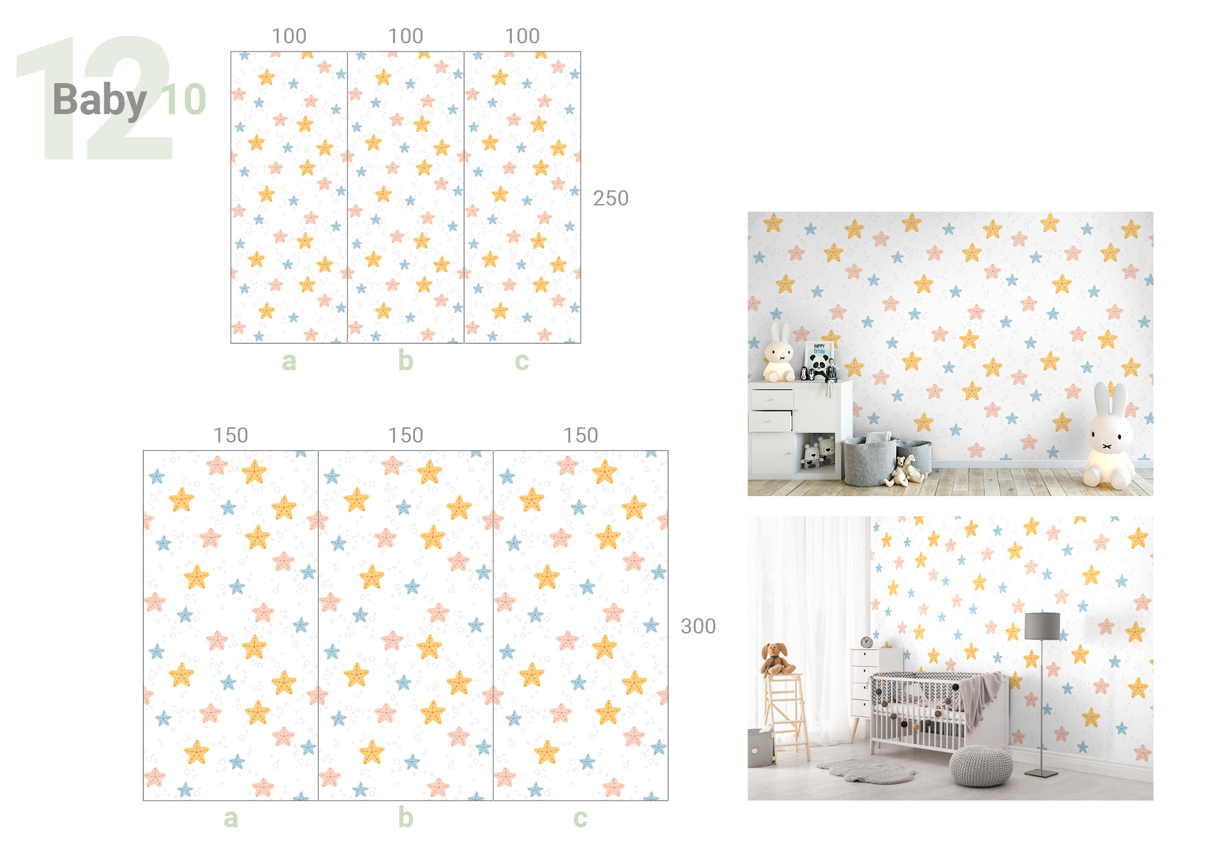 Übersicht, die 3 Formate und Aufteilungen und die Milieubilder für folgendes Motiv zeigt: Muster mit gelben, rosa und blauen Seesternen und kleinen Blasen auf weißem Hintergrund.