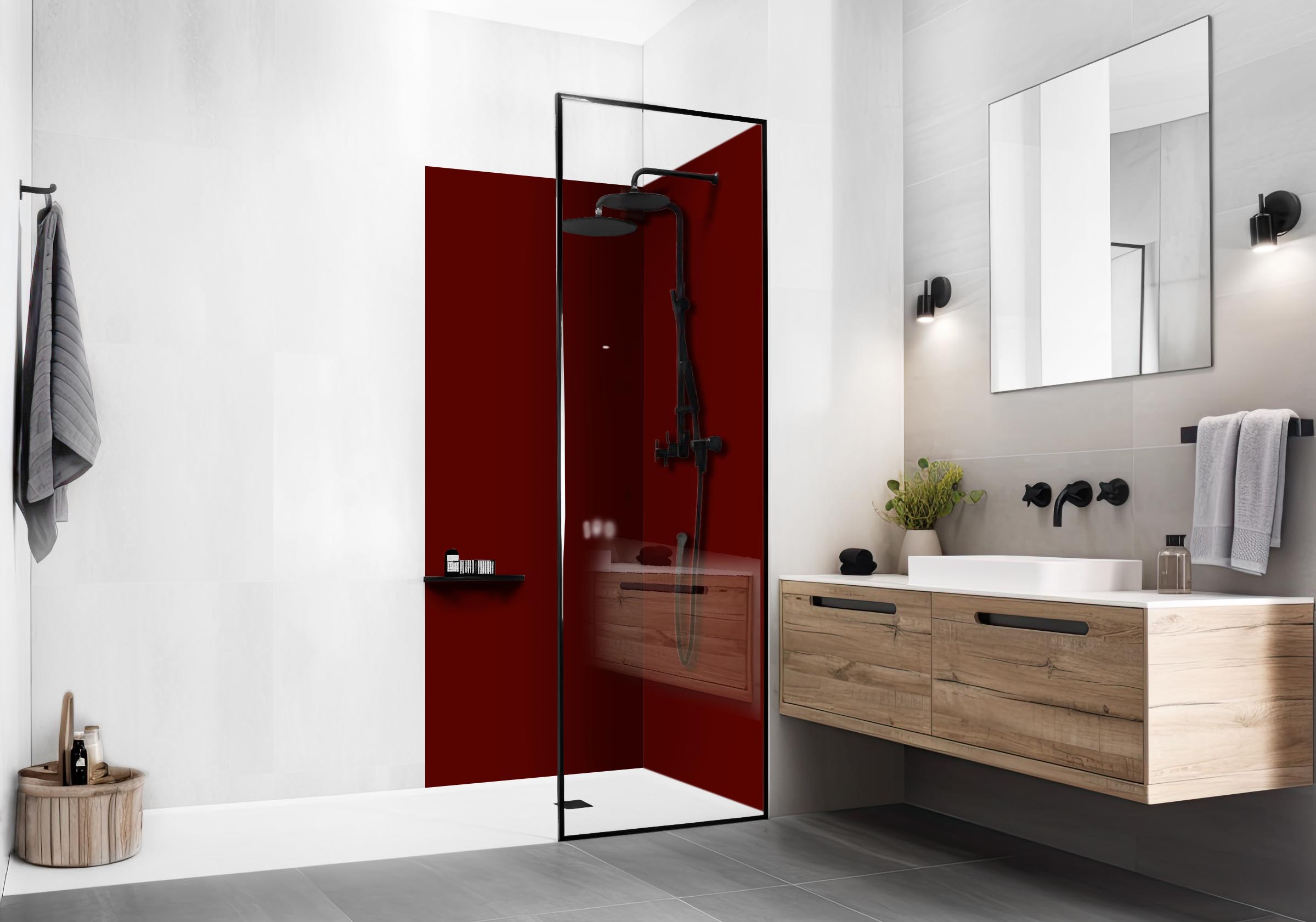 Modernes Badezimmer mit Waschbecken und Holzunterschrank und mit ebenerdiger Dusche die Rückwände in folgendem Design hat: Einfarbig dunkelrotes Bild, keine sichtbaren Details oder Muster.