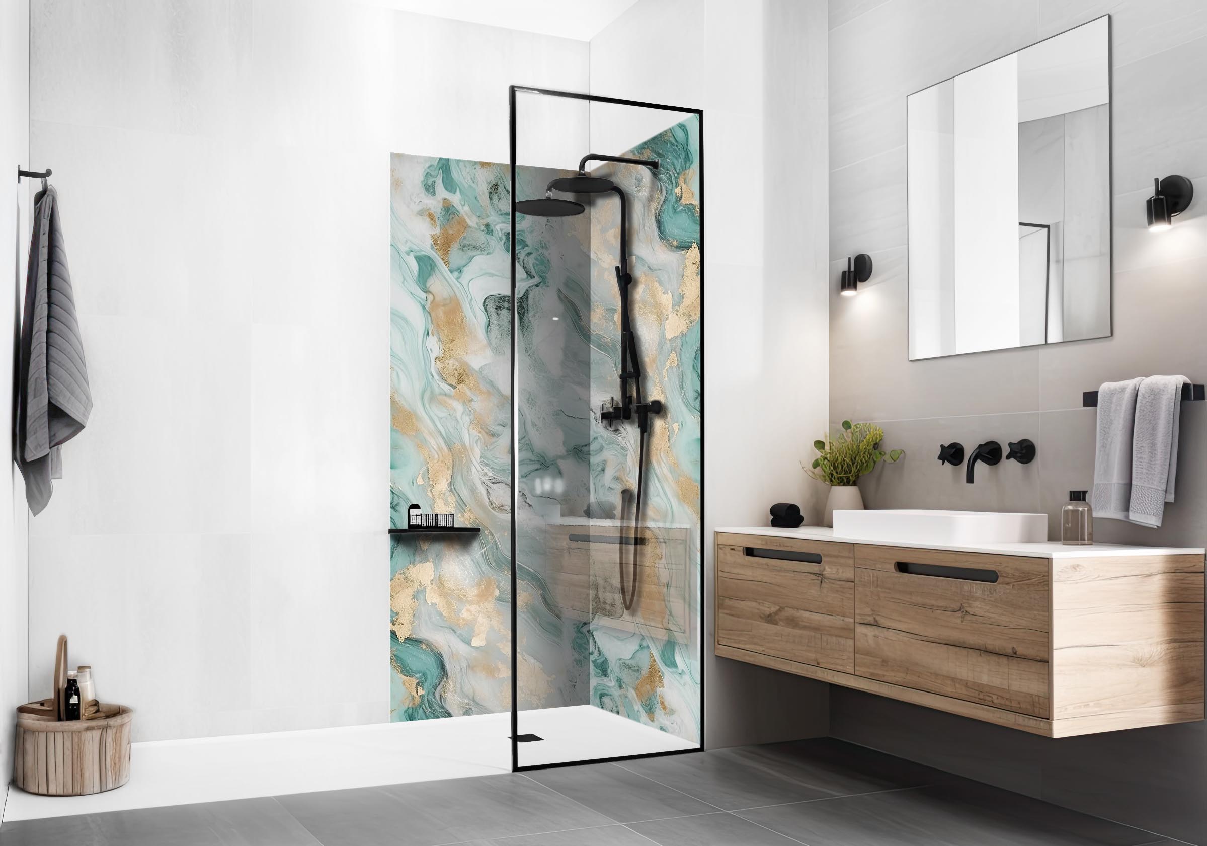 Modernes Badezimmer mit Waschbecken und Holzunterschrank und mit ebenerdiger Dusche die Rückwände in folgendem Design hat: Abstrakte Marmorstruktur in Türkis und Weiß mit goldenen Akzenten, fließende Formen.