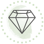 Diamant-Symbol in einem Kreis aus Punkten, mit grünem Farbfleck im Hintergrund.