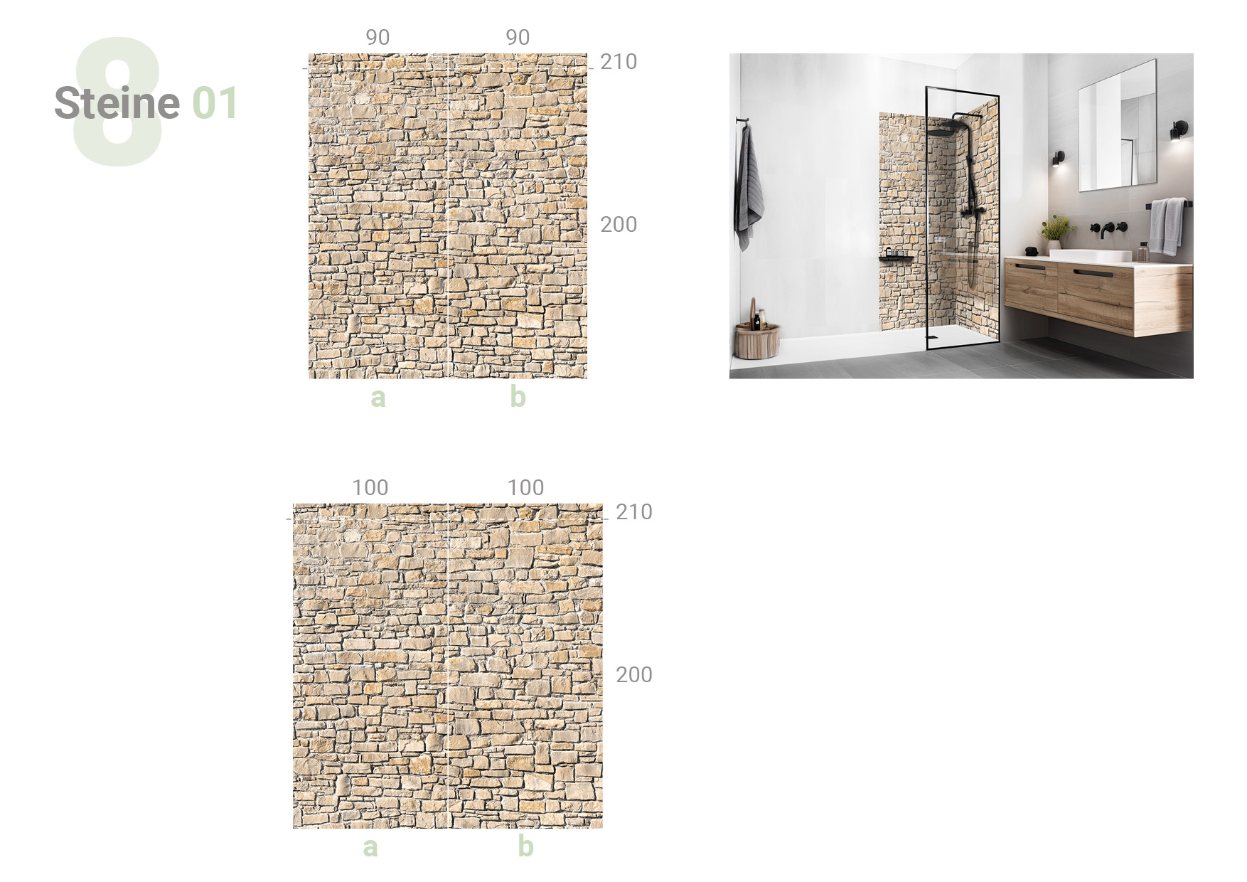 Übersicht, die das  zweiteilige Format 90 x 90 und 100 x 100 cm  und das Milieubild für folgendes Motiv zeigt: Mauer aus unregelmäßigen, hellen Sandsteinquadern mit sichtbaren Fugen, gleichmäßige Verteilung.