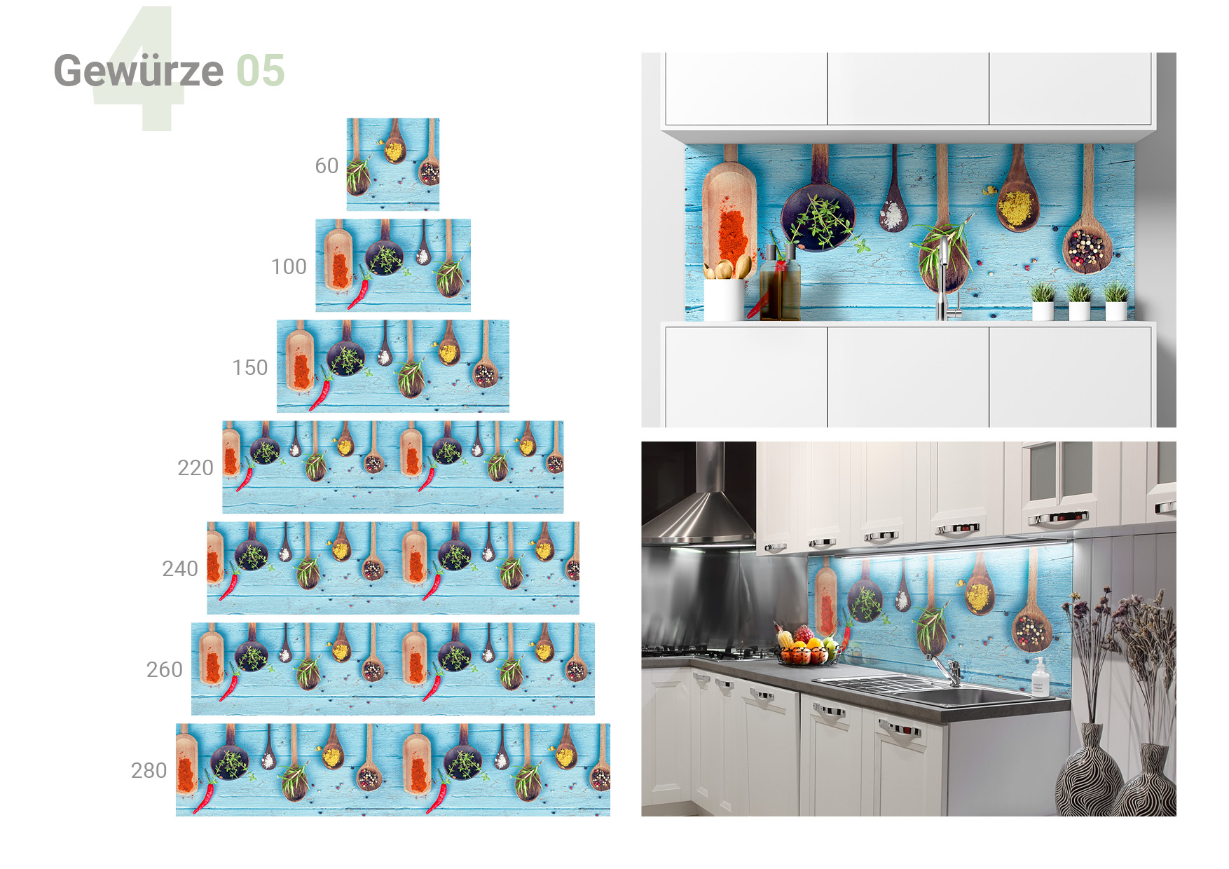 Übersicht, die 8 verschiedene Formate und die beiden  Milieubilder für folgendes Motiv zeigt: Holzlöffel mit Gewürzen wie Paprika, Salz, Rosmarin, Curry und Pfeffer auf einem hellblauen Holztisch.