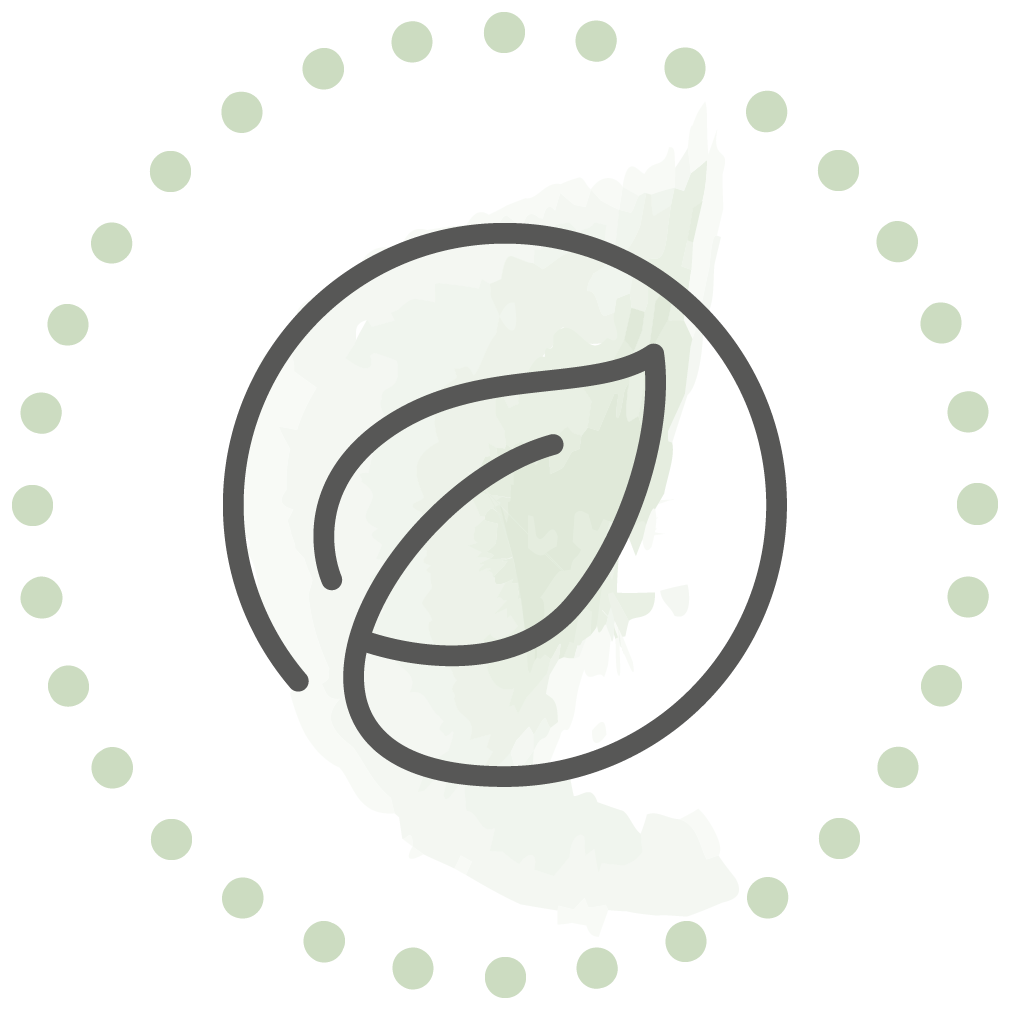 Blatt-Symbol in einem Kreis aus Punkten, mit grünem Farbfleck im Hintergrund.